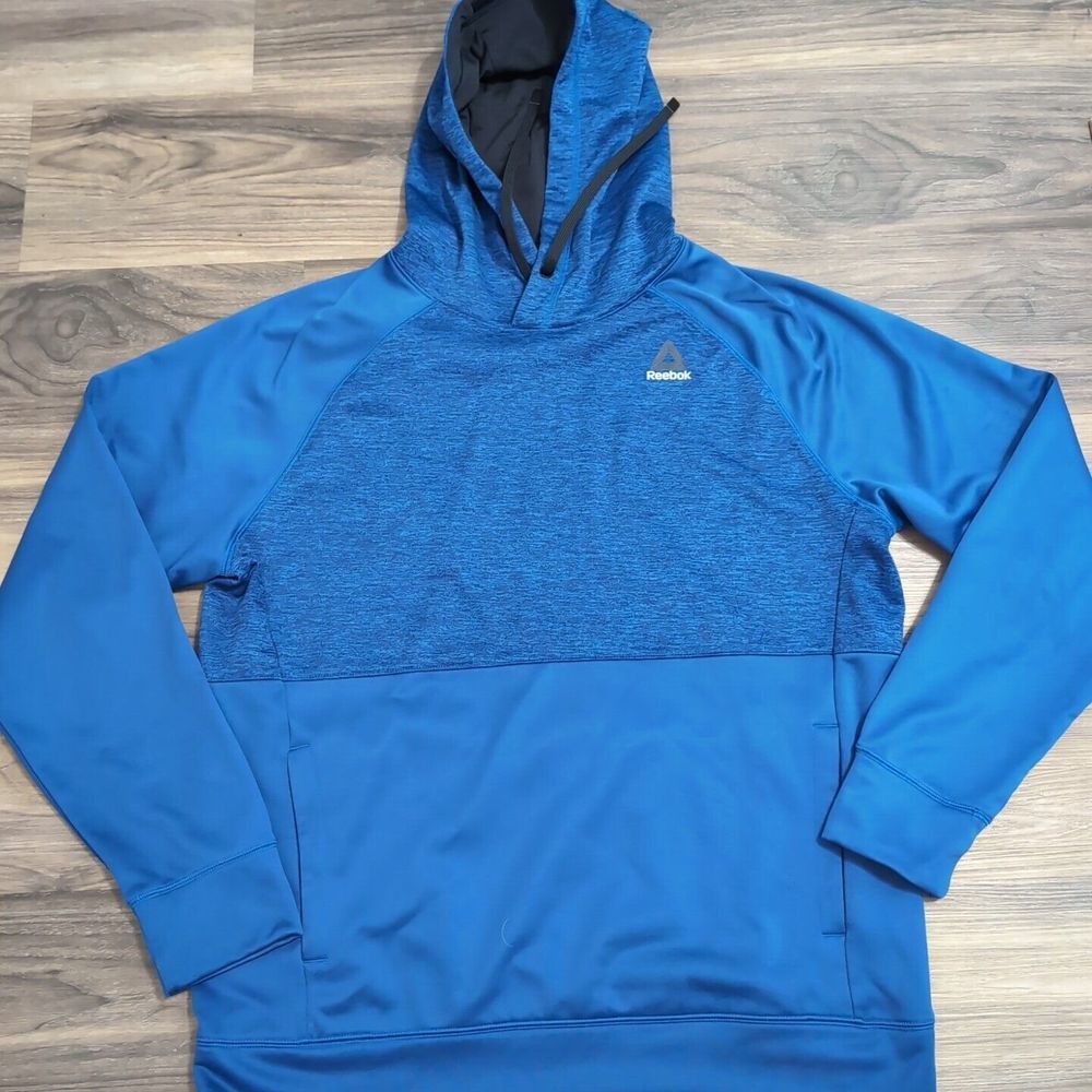 Reebok Hoodie Mens L Blue Long Sleeve Pullover Sweatshirt Logo‎ Pockets M22